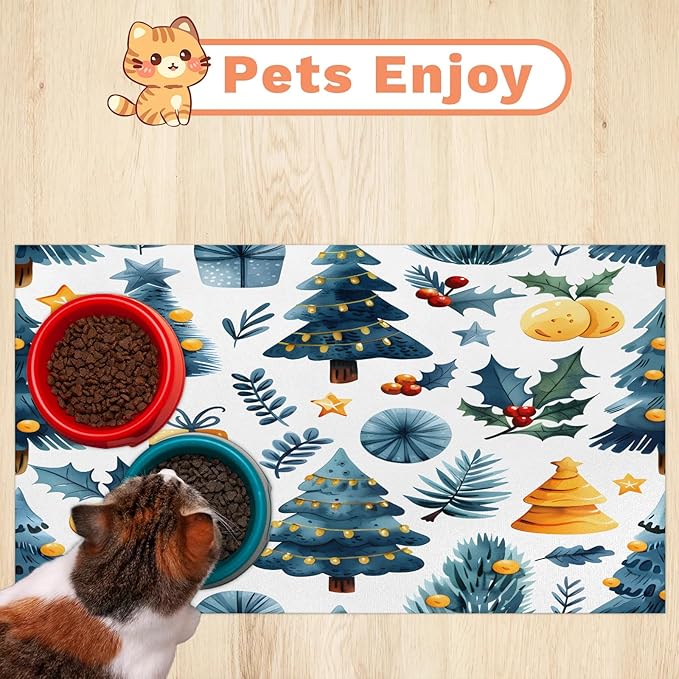 Merry Christmas Dog Food Mat for Floors Absorbent, Quick Dry Water Dispenser Mat for Food, Water, Pet Supplies 12" x 20", Pine Tree