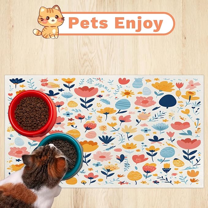 Easter Egg Dog Food Mat for Floors Absorbent Dog Bowl Mat for Food and Water Dispenser Quick Dry Cat Food Placemat Pet Supplies 12" x 20", Boho Flower