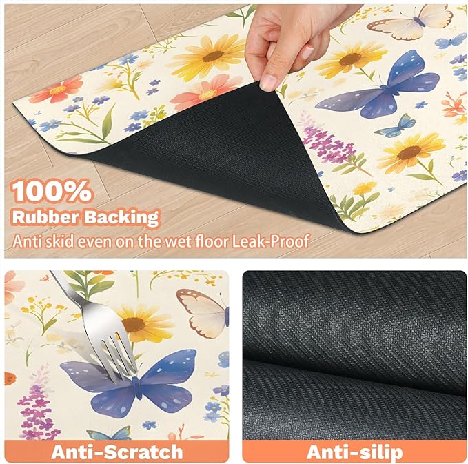 Butterfly Flower Dog Food Mat for Floors Absorbent, Quick Dry Water Dispenser Mat for Food, Water, Pet Supplies 12" x 20", Colorful Floral