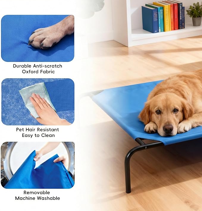 Elevated Dog Bed for Large Dogs, Washable Raised Cot with Skid-Resistant Feet, Waterproof Cooling Dog Beds with Oxford Cloth, Indoor/Outdoor Use, Blue 50in