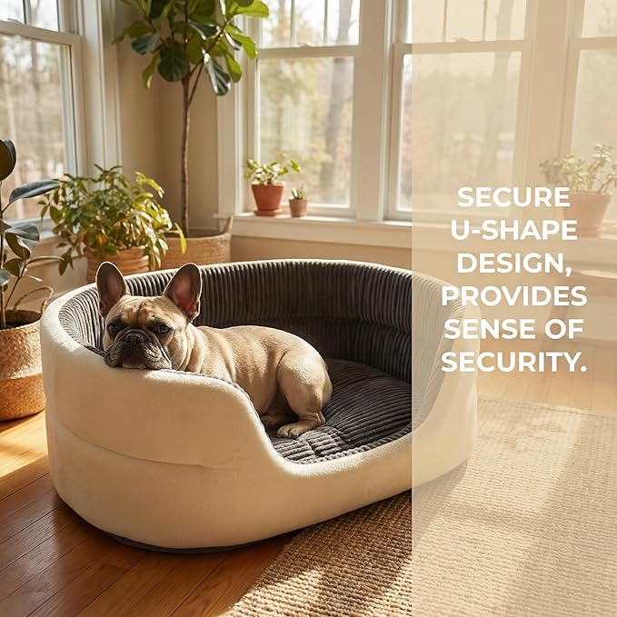 Medium Dog Bed Cat Bed 18x26 Inch, Calming Pet Bed for Small Dogs & Cats, Half-Enclosed Open-Top Velvet Anti-Anxiety Bed, Machine Washable Cozy Snuggle Bed (White)