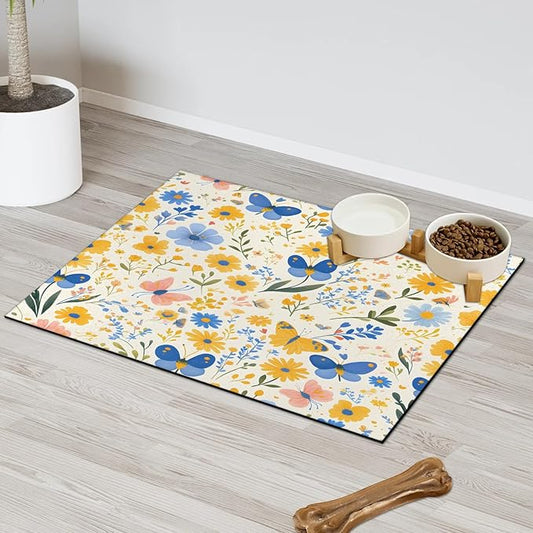 Spring Butterfly Dog Food Mat for Floors Absorbent, Quick Dry Water Dispenser Mat for Food, Water, Pet Supplies 16" x 24", Wildflower