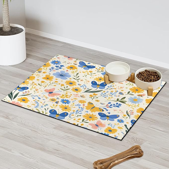 Spring Butterfly Dog Food Mat for Floors Absorbent, Quick Dry Water Dispenser Mat for Food, Water, Pet Supplies 12" x 20", Wildflower