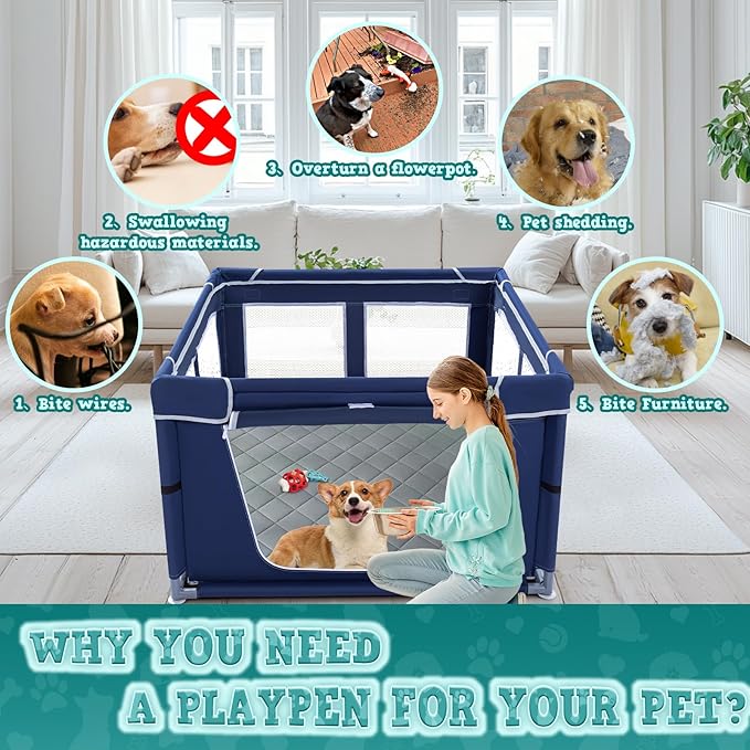 42x42 Inches Puppy Playpen with Dog Pads, Dog Playpen for Puppies or Small Dogs, Pet Playpen for Indoor & Outdoor, Sturdy Safety DogPen with Thickened Fabric, High-Strength Nylon Wire Mesh