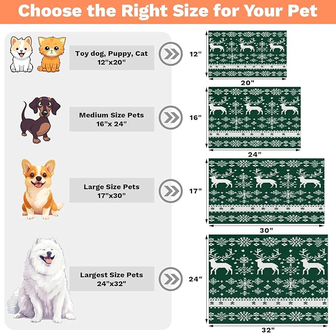 Xmas Deer Dog Food Mat for Floors Absorbent, Quick Dry Water Dispenser Mat for Food, Water, Pet Supplies 12" x 20", Snowflake