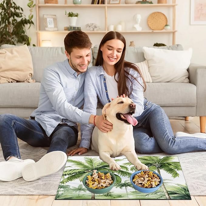 Palm Tree Dog Food Mat for Floors Absorbent, Quick Dry Water Dispenser Mat for Food, Water, Pet Supplies 12" x 20", Tropical Trees