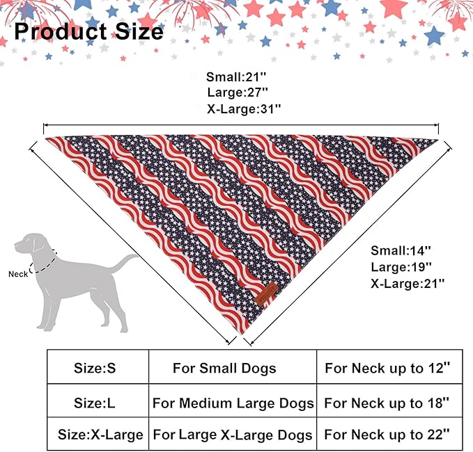 PTDECOR American Flag Dog Bandana, Striped Stars Flag 4th of July Pet Scarf, Premium Durable Fabric, Adjustable Triangle Patriotic Bandanas for Medium Large Dogs Pets (Large)