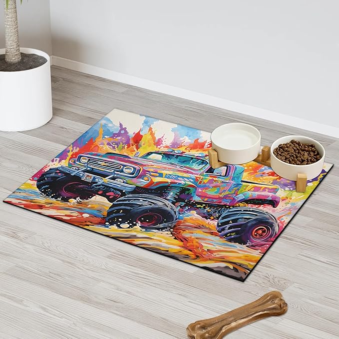 Cool Car Dog Food Mat for Floors Absorbent, Quick Dry Water Dispenser Mat for Food, Water, Pet Supplies 16" x 24", Watercolor Car