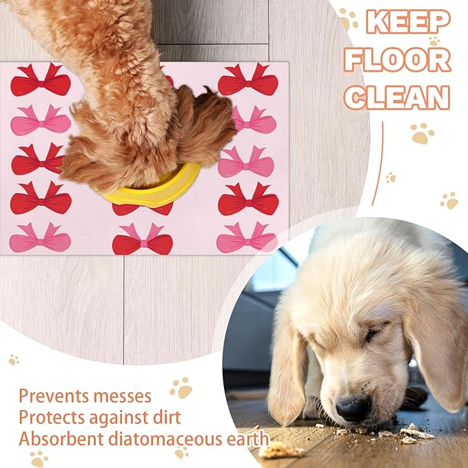 Cute Bow Dog Food Mat for Floors Absorbent, Quick Dry Water Dispenser Mat for Food, Water, Pet Supplies 17" x 30", Bowknot