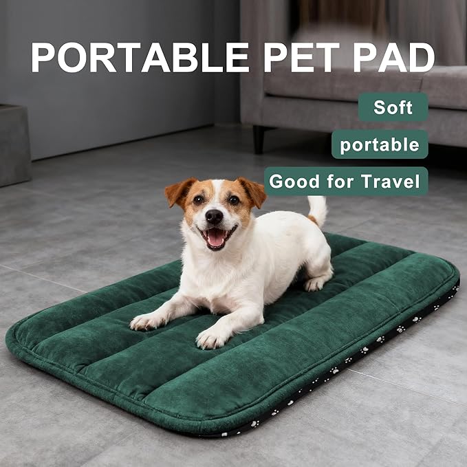 Dog Bed Mat, Reversible Dog Crate Pad with Washable Kennel Mat and Soft Foam, Flat Pet Bed for Dogs & Cats, for Crates Carriers & Travel (Green, 28" L*16" W*1.5" Th)