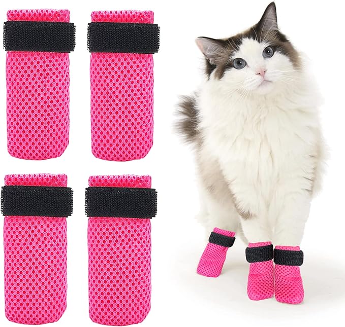 Rose Anti-Scratch Cat Foot Covers - Adjustable Mesh Paw Protectors, Non-Slip, Breathable - Suitable for Family Pet Cat Bathing and Nail Cutting (4 Pieces, L, Rose)