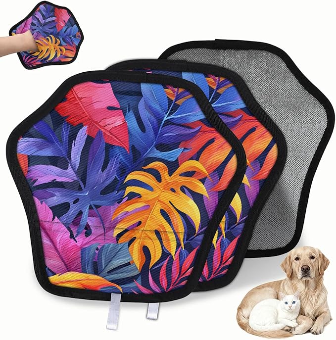 Palm Plant Print Electrostatic Pet Hair Removal Glove for Cats & Dogs - Reusable Grooming Mitt for Couch, Carpet, Car Seat & Laundry - Large 9x9 Inch