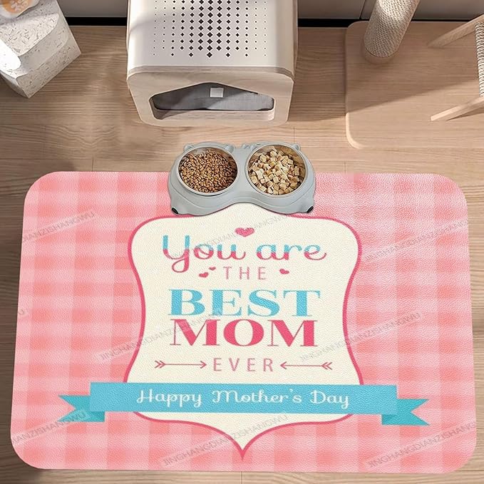 Pet Cat Dog Food Mat Absorbent Dog Feeding Mat Happy Mother's Day Floral Gift Mom N No Stains Cat Food Mats Indoor Pet Supplies Dogs Placemat Water Bowl Mats with Rubber Backing 24x16In