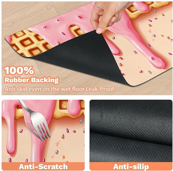 Pink Ice Cream Dog Food Mat for Floors Absorbent Dog Bowl Mat for Food and Water Dispenser Quick Dry Cat Food Placemat Pet Supplies 12" x 20", Waffle