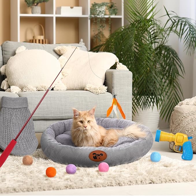 Zopeal 59 Pcs Cat Gift Sets Including Cat Bed Pillows Winter Sweater Interactive Retractable Wand Toy and Feather Toys Launcher Gun with Plush Balls for Pet Lover with Gift Wrapping Bag and Bow