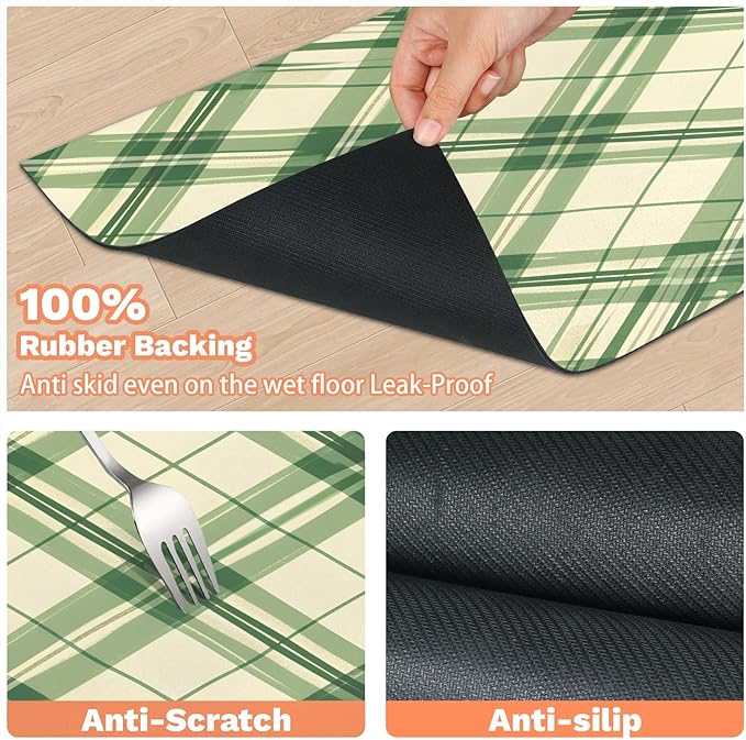 Check Dog Food Mat for Floors Absorbent, Quick Dry Water Dispenser Mat for Food, Water, Pet Supplies 16" x 24", Green White Plaid