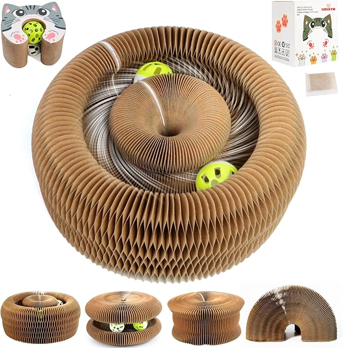 Upgraded-Magnetic Magic Organ Cardboard Cat Scratcher Toy with 2 Balls for Mental Physical Exercise, Multi-Shape Interactive Cardboard Cat Toy for Indoor Cats Flip with Fun, Brown/Gray,M, 1PCS