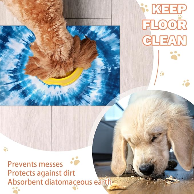 Blue Tie Dye Dog Food Mat for Floors Absorbent, Quick Dry Water Dispenser Mat for Food, Water, Pet Supplies 12" x 20", Abstract Strip