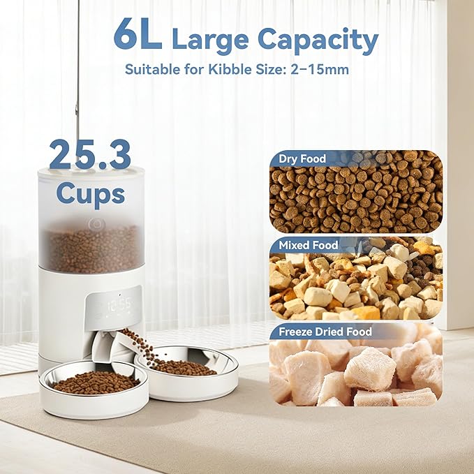 DUMOS Automatic Cat Feeder for 2 Cats, 6L Timed Cat Food Dispenser with 2 Stainless Bowls, 10s Voice Recorder, Dual Power Supply, 6 Meals 50 Portions Per Day, Dual Pet Feeder for Cat and Dog, White