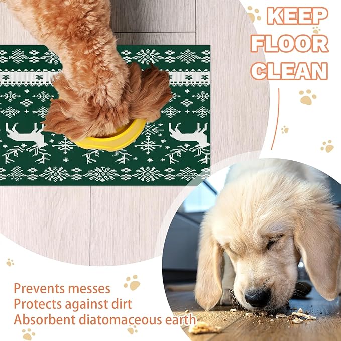 Xmas Deer Dog Food Mat for Floors Absorbent, Quick Dry Water Dispenser Mat for Food, Water, Pet Supplies 24" x 32", Snowflake
