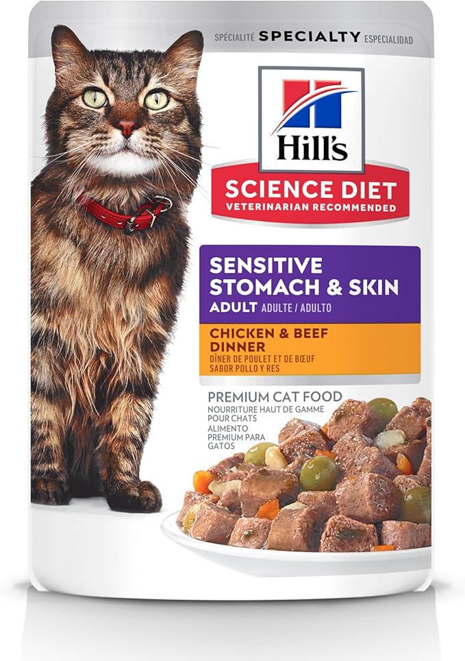 Hill's Science Diet Sensitive Stomach & Skin, Adult 1-6, Stomach & Skin Sensitivity Support, Wet Cat Food, Chicken & Beef Stew, 2.8 oz Pouch, Case of 24