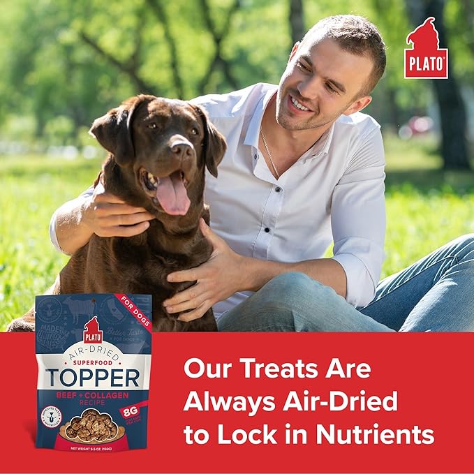 Plato Pet Treats Dog Food Toppers - Air-Dried Dog Food Toppers for Dry Food - with Collagen to Support Skin and Coat Health - Beef and Collagen Recipe 12oz