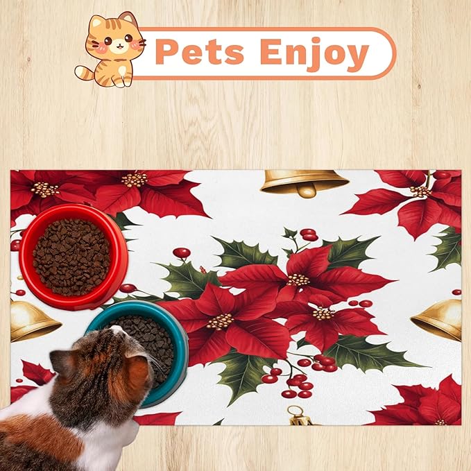 Red Poinsettia Dog Food Mat for Floors Absorbent, Quick Dry Water Dispenser Mat for Food, Water, Pet Supplies 16" x 24", Xmas Holly