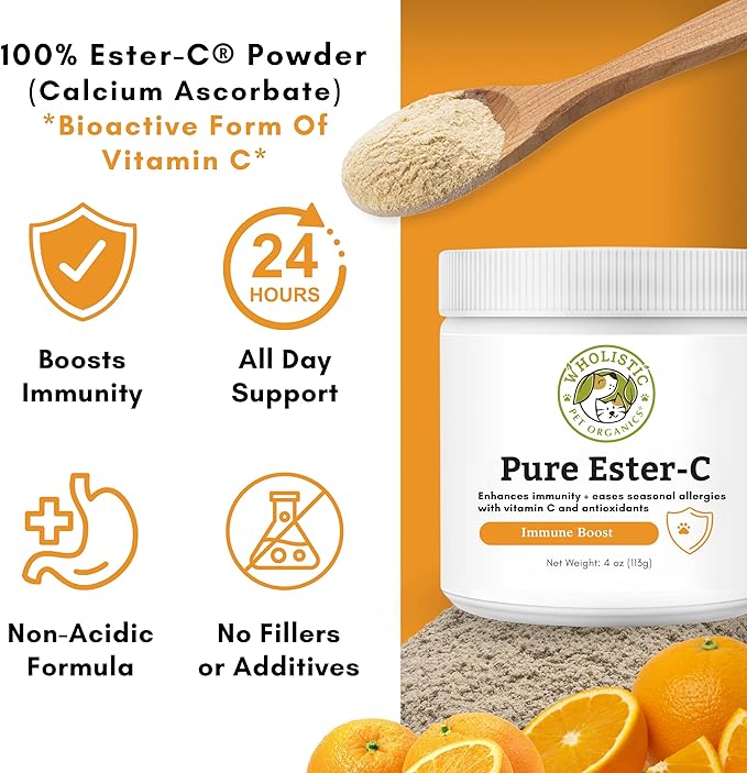 Wholistic Pet Organics Ester-C Powder for Dogs & Cats - Cat & Dog Allergy & Itch Relief - Vitamin C Immune Support Supplement - Itchy Skin Support for Seasonal Dog Allergy Relief - 4 oz - 113 Scoops