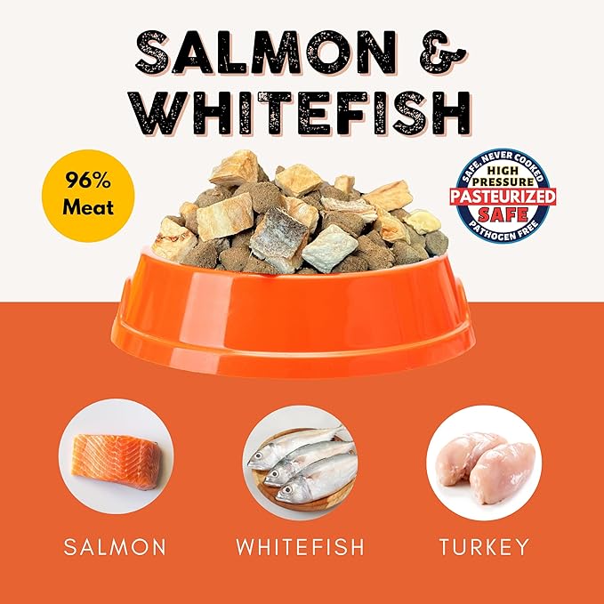 Nature's Diet Ready Raw : Freeze-Dried Raw Dog Food, Salmon & Whitefish, Human Grade, High Pressure Pasteurized (HPP), 96% Meat, Organ, Bone, Safe & Natural, Dry or Wet Feeding