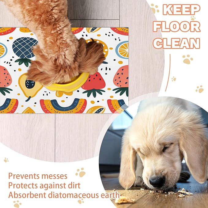 Boho Strawberry Dog Food Mat for Floors Absorbent Dog Bowl Mat for Food and Water Dispenser Quick Dry Cat Food Placemat Pet Supplies 24" x 32", Colorful Rainbow