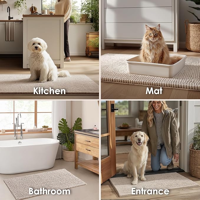 EHEYCIGA Super Absorbent Dog Door Mat for Muddy Paws 24x16 Inch Indoor, Front Doormat Outside Entrance, Quick Dry Chenille Washable Dog Crate Bed, Non-Slip Pet Rug Mud Mat Outdoor Entryway, Beige