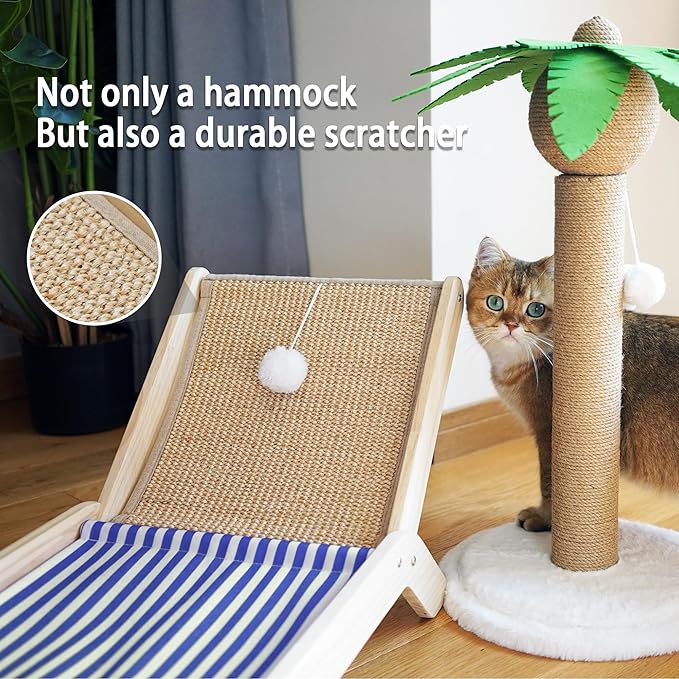 PETKARAY Beach Chair Cat Hammock, Elevated Cat Beds for Indoor Cats, Original Cozy Lounger with Sisal Scratcher and Toy Ball