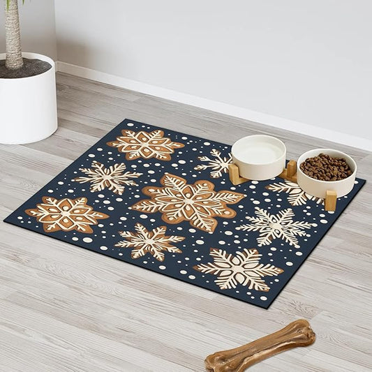 Gingerbread Snow Dog Food Mat for Floors Absorbent, Quick Dry Water Dispenser Mat for Food, Water, Pet Supplies 12" x 20", Snowflake