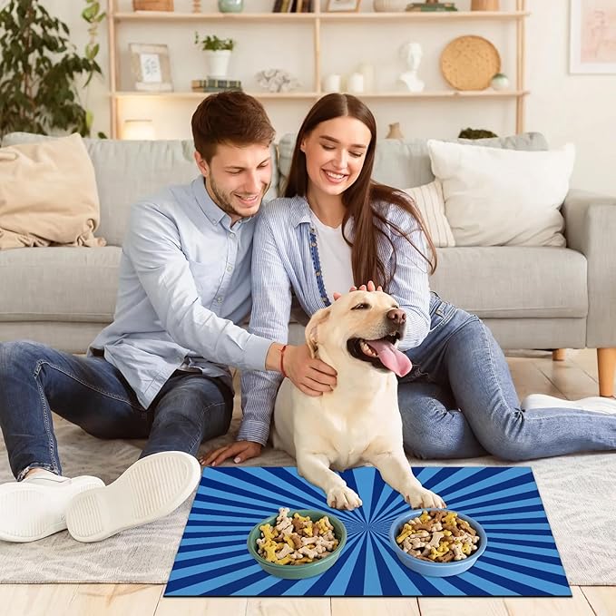 Striped Dog Food Mat for Floors Absorbent, Quick Dry Water Dispenser Mat for Food, Water, Pet Supplies 17" x 30", Blue