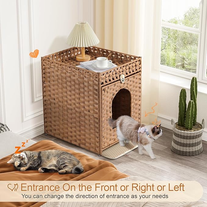 Snughome Cat Litter Box Enclosure Furniture Hidden with Litter Mat, Hidden Washroom Furniture with Door, Handwoven Rattan Cat Washroom Box, Indoor Pet House for Living Room, Bedroom(Natural)