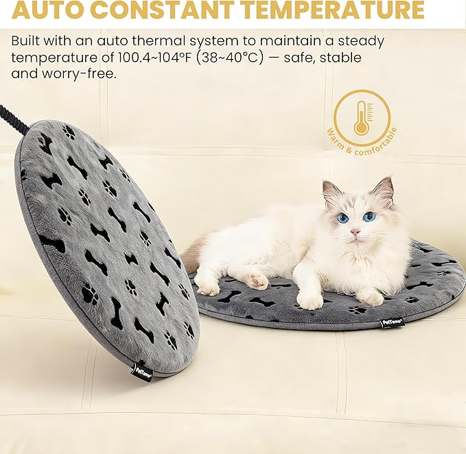 Pet Heating Pad for Cats Dogs Indoor & Sheltered Outdoor Waterproof Heated Cat Bed Heated Dog Bed Chew Resistant Cord Constant Temperature Gray Paw Print Round 16 Inch