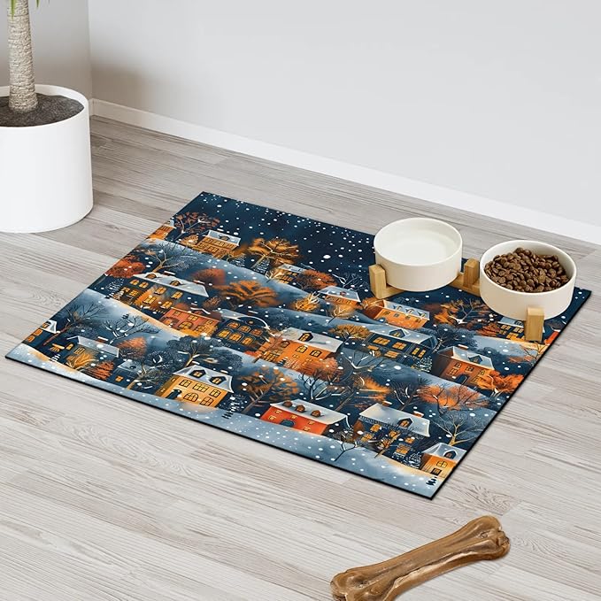 Village House Dog Food Mat for Floors Absorbent, Quick Dry Water Dispenser Mat for Food, Water, Pet Supplies 16" x 24", Winter Forest