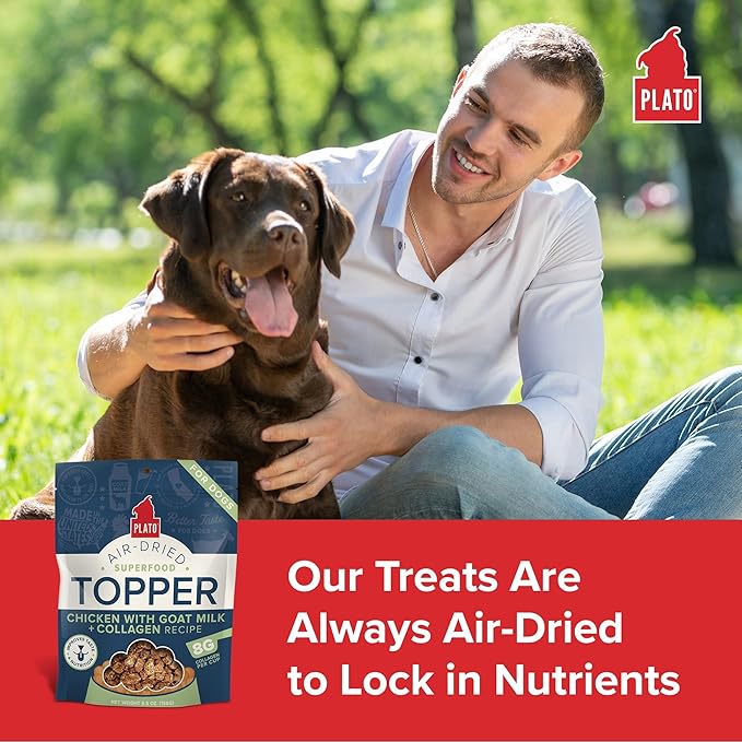 Plato Pet Treats Dog Food Toppers - Air-Dried Dog Food Toppers for Dry Food - with Collagen to Support Skin and Coat Health - Goat Milk & Collagen Recipe 12oz