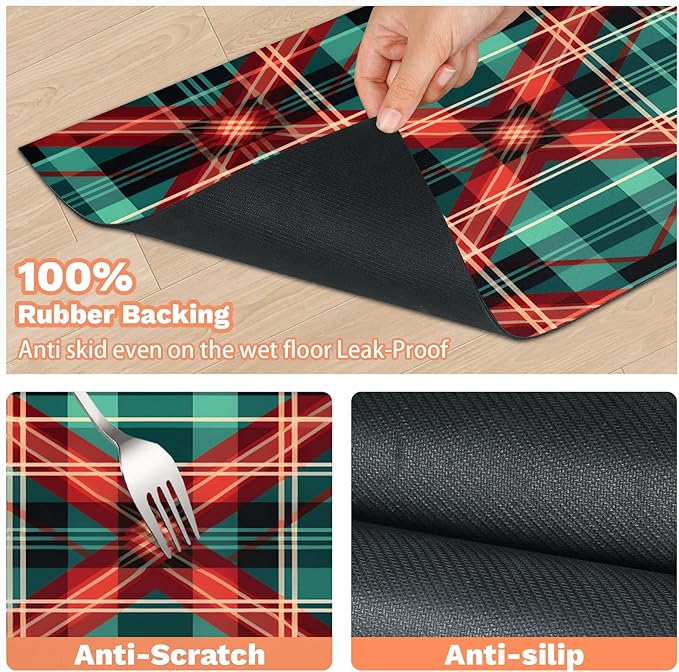 Buffalo Check Dog Food Mat for Floors Absorbent, Quick Dry Water Dispenser Mat for Food, Water, Pet Supplies 24" x 32", Green Red