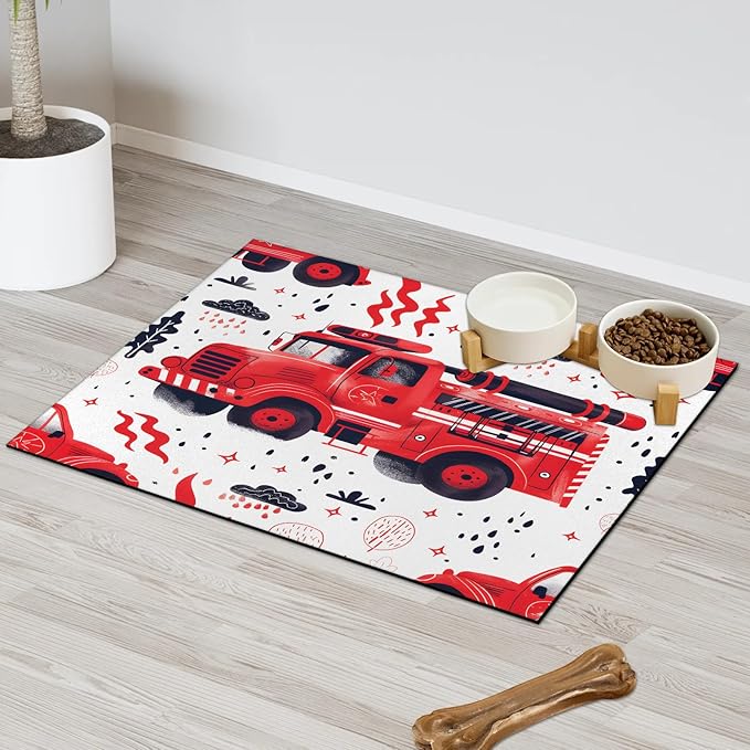 Red Truck Dog Food Mat for Floors Absorbent, Quick Dry Water Dispenser Mat for Food, Water, Pet Supplies 24" x 32", Car Vehicle
