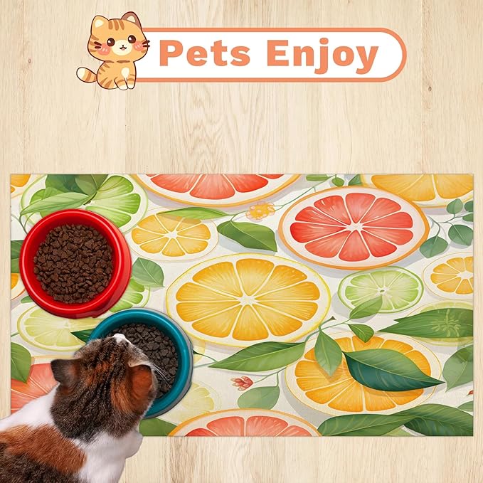 Lemon Fruit Dog Food Mat for Floors Absorbent Dog Bowl Mat for Food and Water Dispenser Quick Dry Cat Food Placemat Pet Supplies 24" x 32", Green Leaves