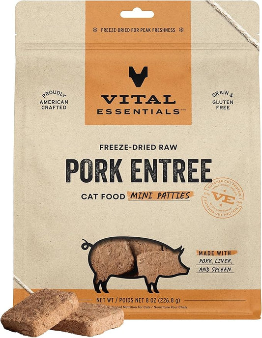 Vital Essentials Freeze Dried Cat Food, Raw Pork Mini Patties | Complete Meal or Topper | Easy to Portion and Rehydrate | High Protein, Grain Free Dry Cat Food | 8 oz Bag