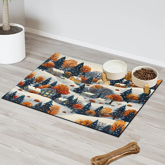 Forest Dog Food Mat for Floors Absorbent, Quick Dry Water Dispenser Mat for Food, Water, Pet Supplies 12" x 20", Village House