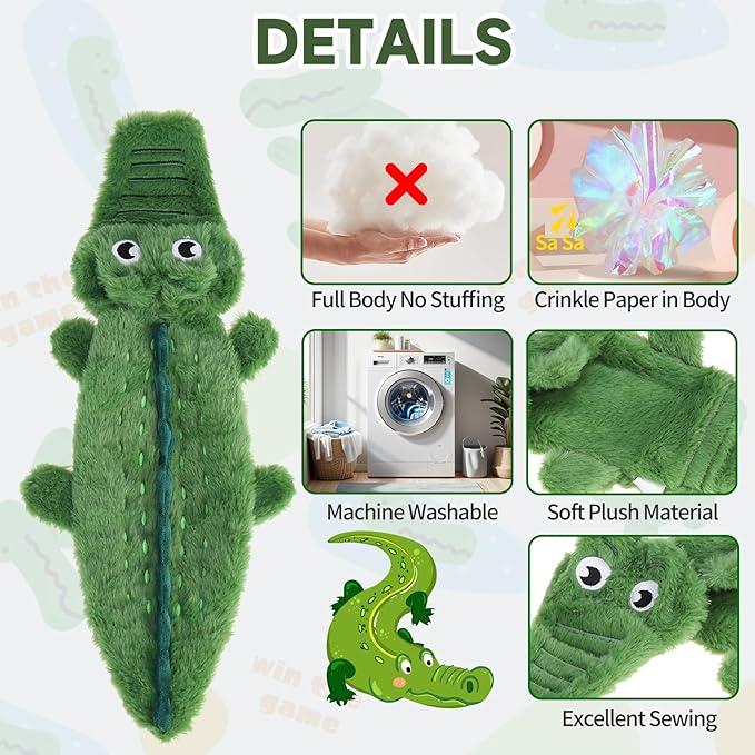 Mihachi No Stuffing Crinkle Dog Toys, 2-in-1 Holds Water Bottles - Cruncher with Puncture Resistant Squeaker, Dog Squeak Toys Plush Dogs Chew Toy for Puppy Small Medium Large Breed Chewer, Crocodile