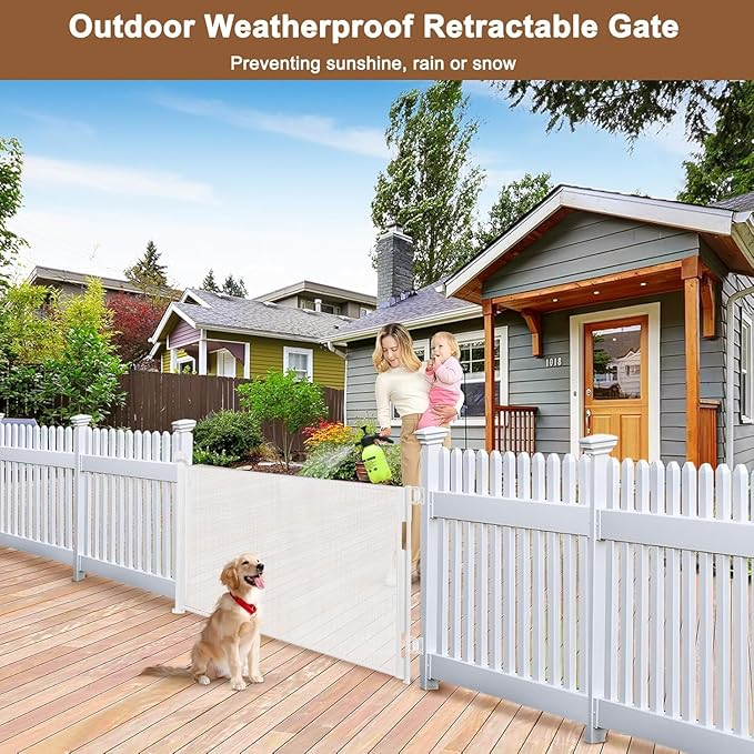 Weatherproof Outdoor Retractable Gate for Dogs with No Rust Screws and Rods, 72" Wide Waterproof Outdoor Dog gate, 6 ft Scratch-Resistant Mesh Safety Retractable Baby Gates for Parents and Pet Owners