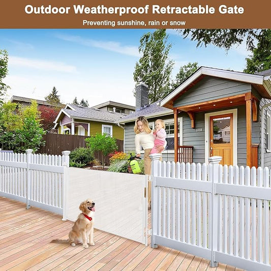 100" Wide Weatherproof Outdoor Retractable Gate for Dogs with No Rust Screws and Rods, Waterproof 8 Ft Extra Long Baby Gates for Large Openings, Scratch-Resistant Mesh Retractable Baby Gates, White