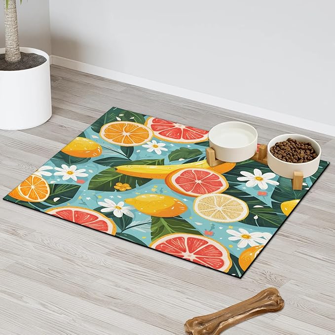 Lemon Flower Dog Food Mat for Floors Absorbent Dog Bowl Mat for Food and Water Dispenser Quick Dry Cat Food Placemat Pet Supplies 17" x 30", Summer Leaves
