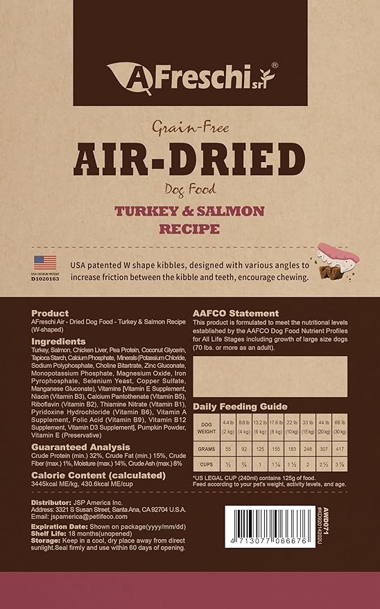A Freschi srl Air-Dried Puppy & Adult Dog Food - Real Turkey & Salmon Recipe | Grain-Free | High-Protein for Toy, Small & Large Breeds | Ideal for Picky Eaters, 2.2 lb Bag