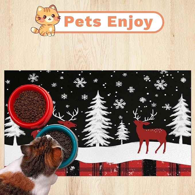 Christmas Forest Deer Dog Food Mat for Floors Absorbent, Quick Dry Water Dispenser Mat for Food, Water, Pet Supplies 17" x 30",