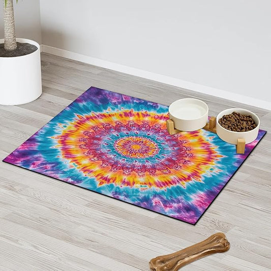 Tie Dye Dog Food Mat for Floors Absorbent, Quick Dry Water Dispenser Mat for Food, Water, Pet Supplies 16" x 24", Boho Mandala Rainbow